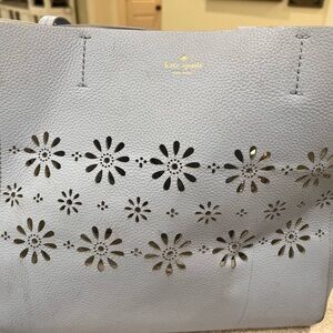 kate spade light blue floral cutout tote with gold interior shine